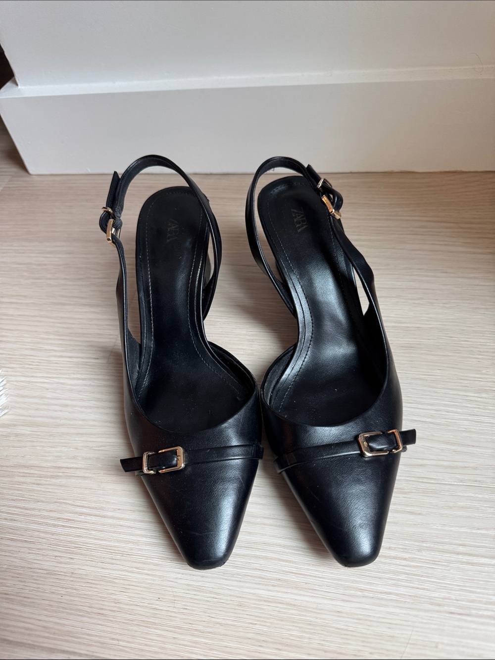 Zara Black Slingback Heels with Buckle Accent